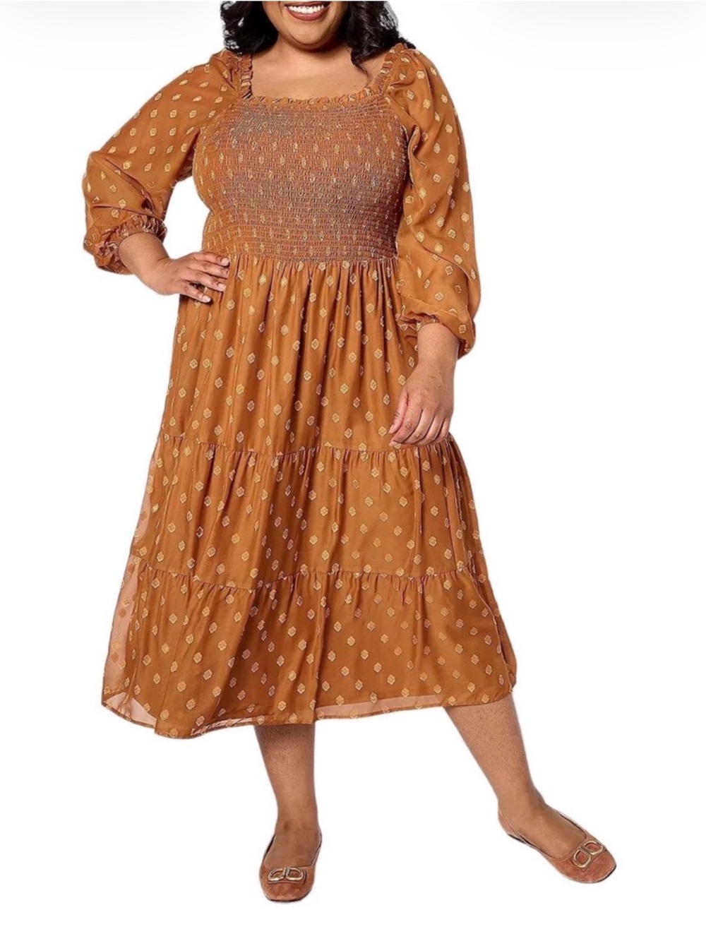 Plus Size 2X Smocked Midi Dress Burnt Orange Boho Tiered Long Sleeve Flowy Dress